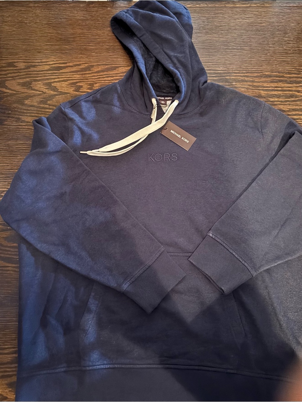 Michael Kors Navy Pullover Hoodie Contrast Drawstrings Embroidered Logo & Pocket